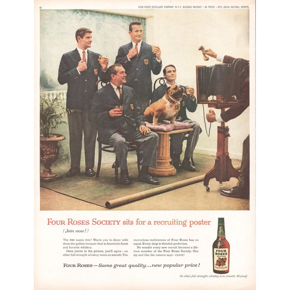 1960 Four Roses Bourbon Vintage Print Ad Photography Bulldog Club Crest Wall Art